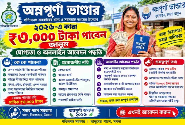 অন্নপূর্ণা ভাণ্ডার ২০২৬-এ কারা ₹৩,০০০ টাকা পাবেন জানুন, যোগ্যতা ও অনলাইন আবেদন পদ্ধতি