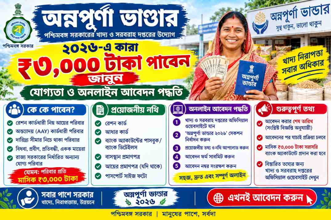 অন্নপূর্ণা ভাণ্ডার ২০২৬-এ কারা ₹৩,০০০ টাকা পাবেন জানুন, যোগ্যতা ও অনলাইন আবেদন পদ্ধতি