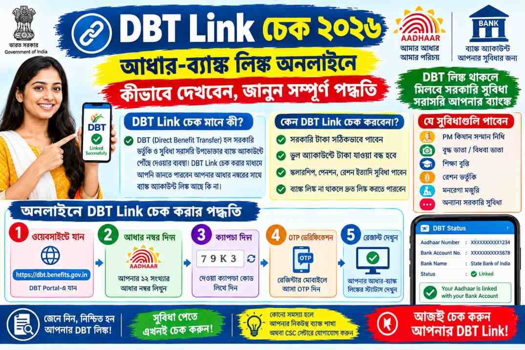 DBT Link চেক ২০২৬: আধার-ব্যাঙ্ক লিঙ্ক অনলাইনে কীভাবে দেখবেন, জানুন সম্পূর্ণ পদ্ধতি